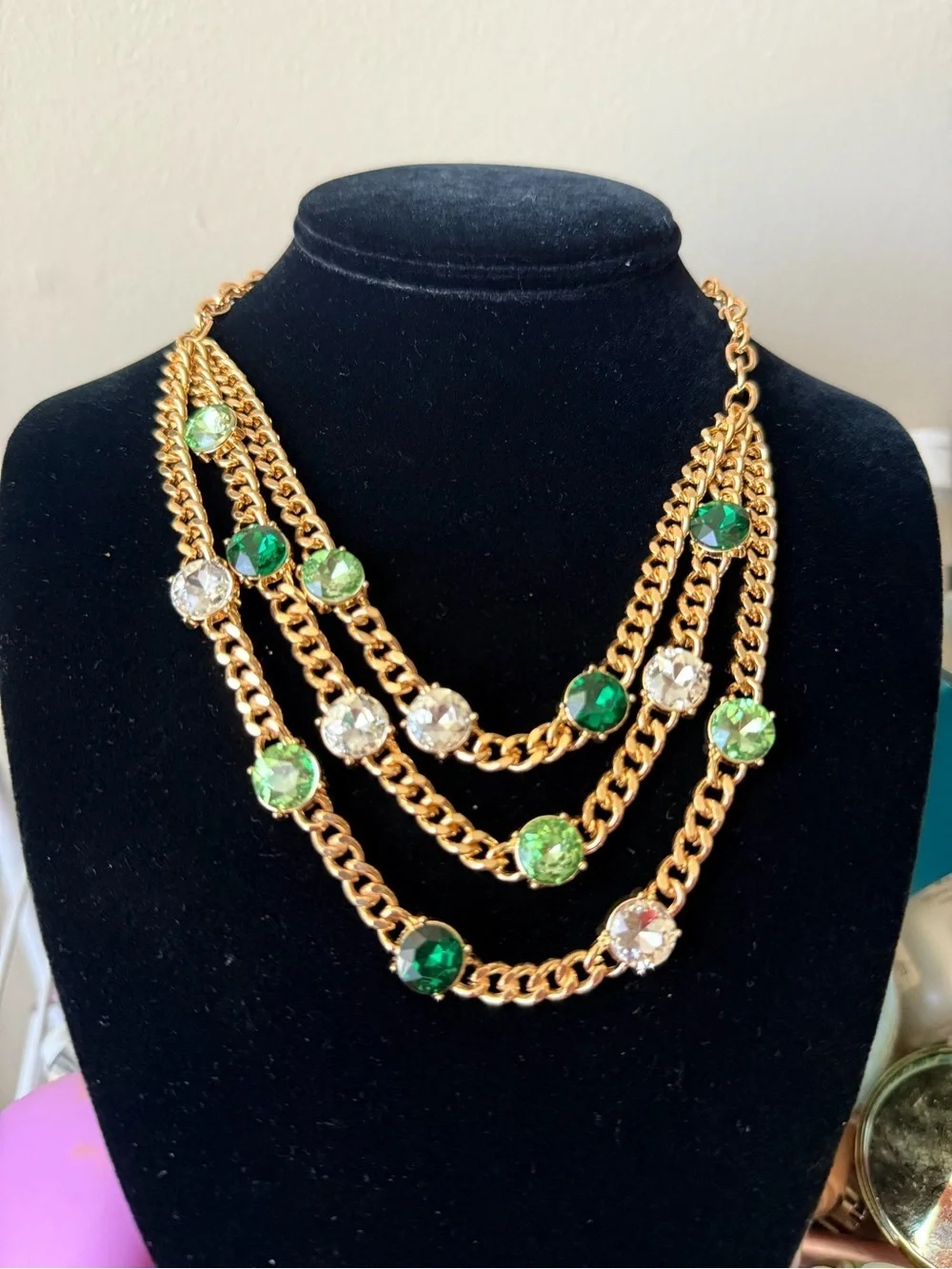 Gold Multi-Strand Necklace with Green and Clear Crystal Accents